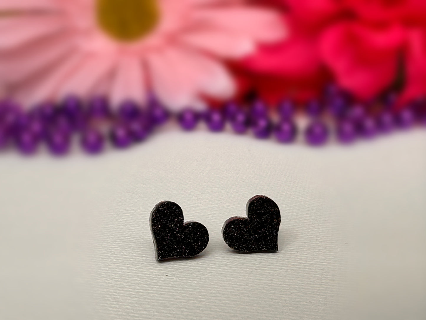 Black Glitter Heart Studs